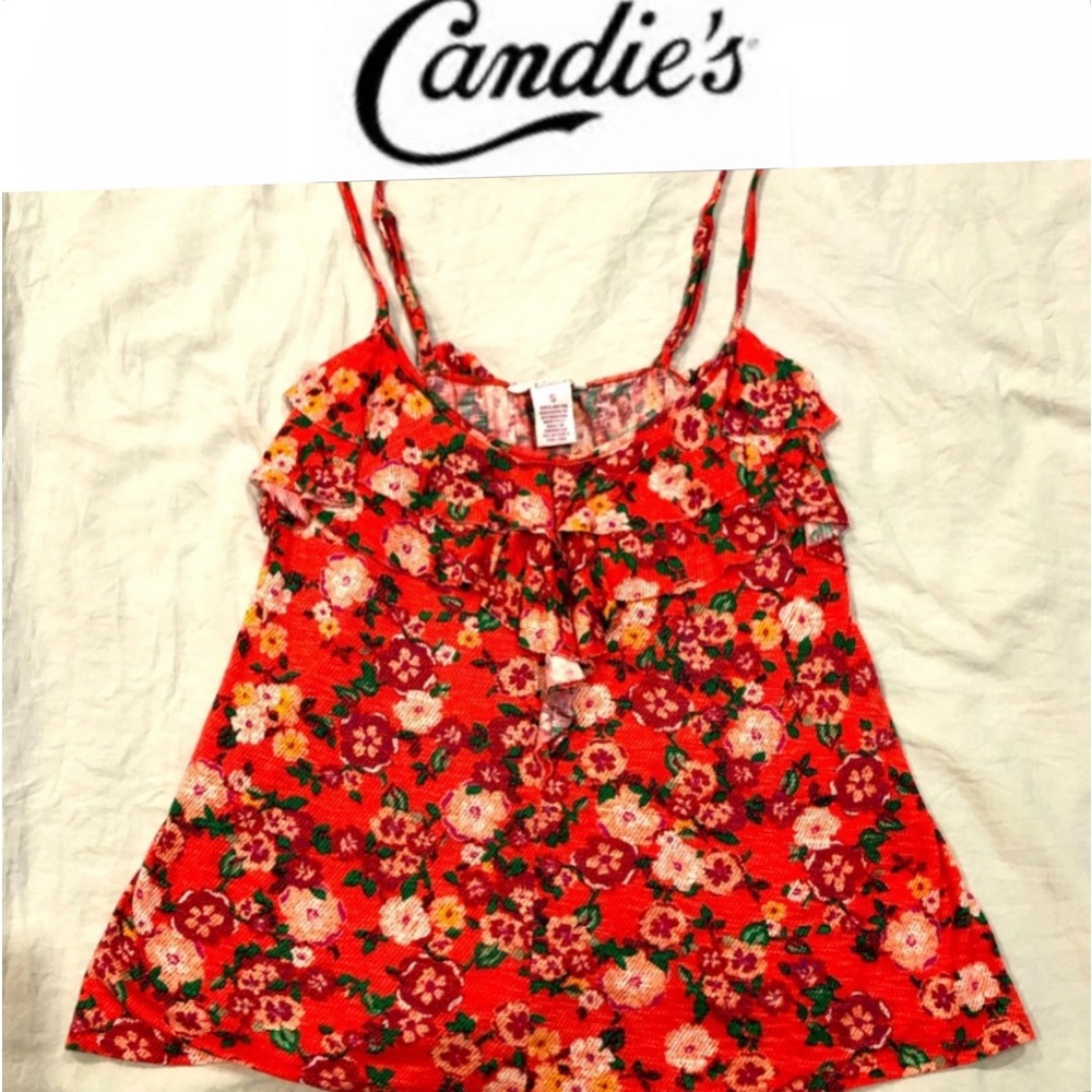 CANDIES floral ruffle tank top orange:crimson color sizeL preowned